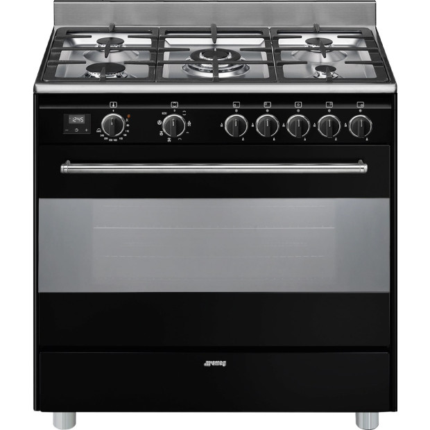 Cuisinière 5 gaz four émail lisse noir Smeg BG91N2