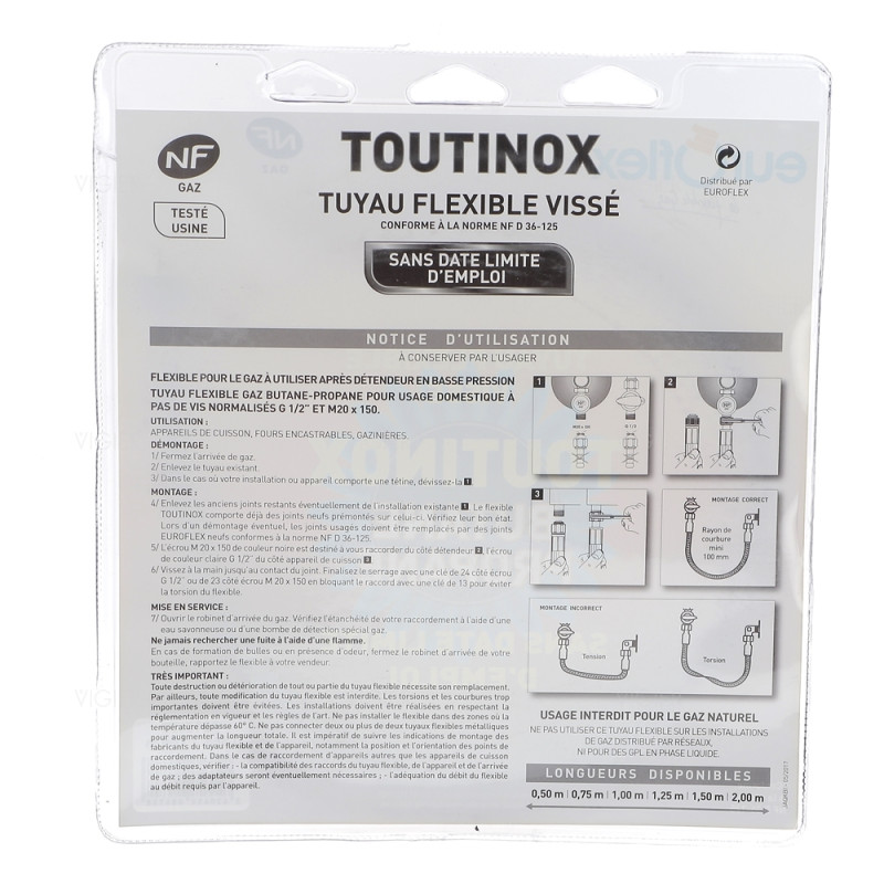 Tuyau gaz butane/propane 1m durée de vie illimité Euroflex