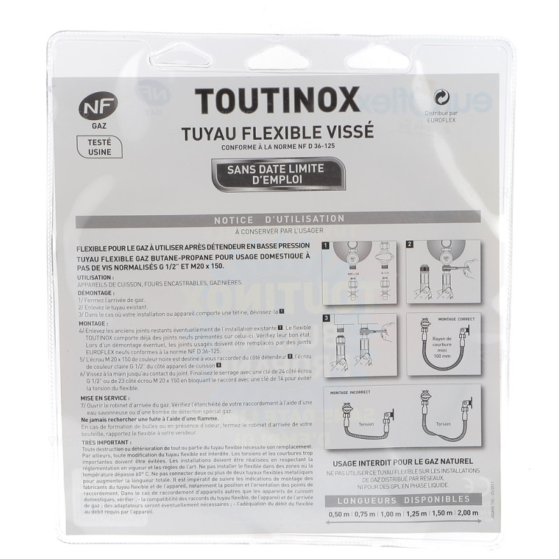 Tuyau gaz butane/propane 1.5m durée de vie illimité Euroflex