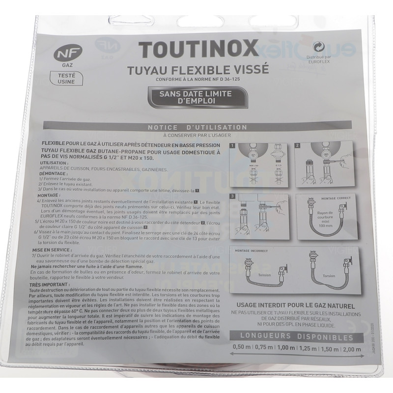 Tuyau gaz butane/propane 2m durée de vie illimité Euroflex