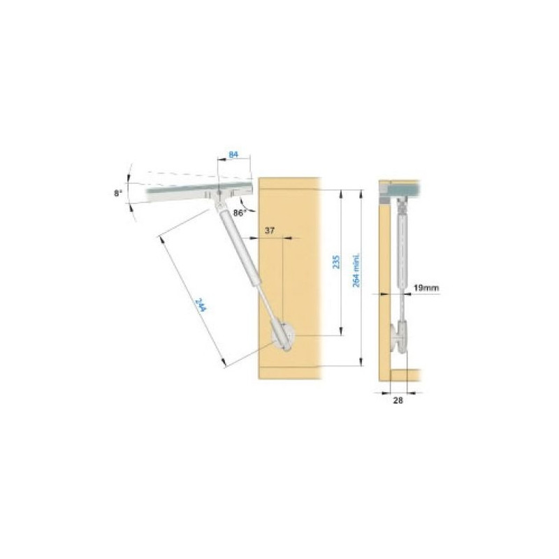 Vérin compas KRABY L244mm 80N pour porte cadre alu