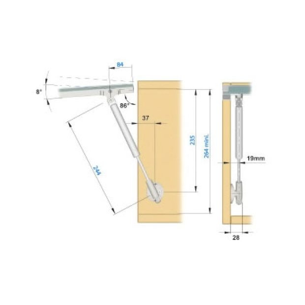 Vérin compas KRABY L244mm 80N pour porte cadre alu