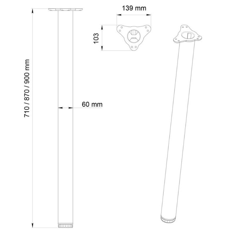 Pied rond en acier inox brosse hauteur 900mm diamètre 60mm