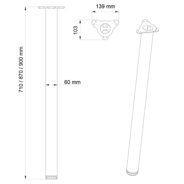 Pied rond en acier inox brosse hauteur 900mm diamètre 60mm