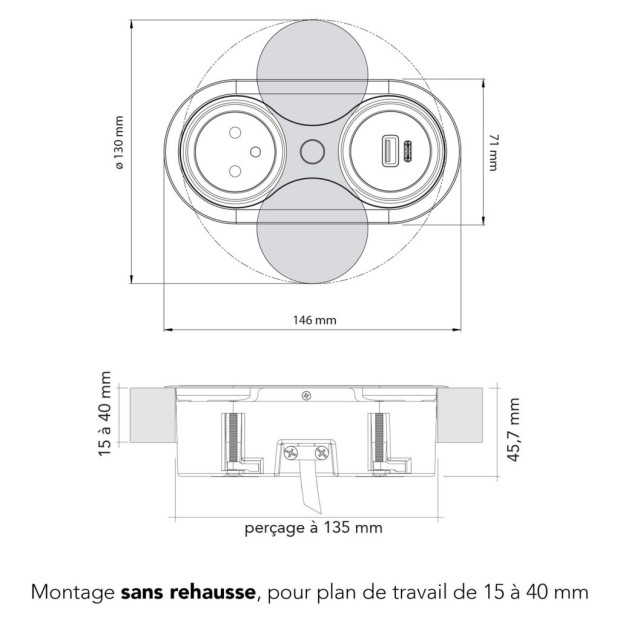 Bloc prise 16a à encastrer affleurant avec Usb A -Usb C
