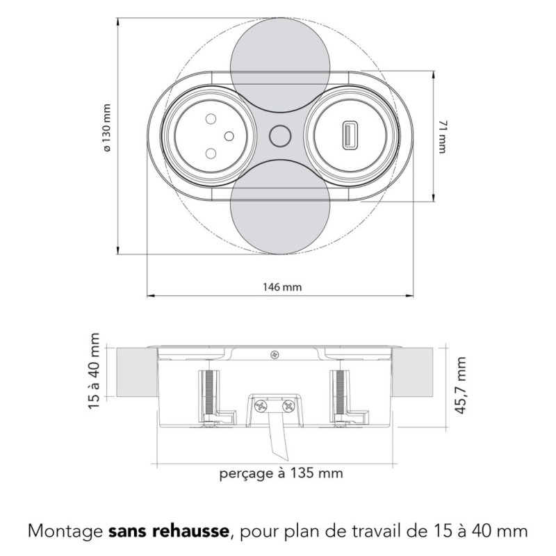 Bloc 1 prise 16A et USB-A Eight Affleurant à encastrer Noir