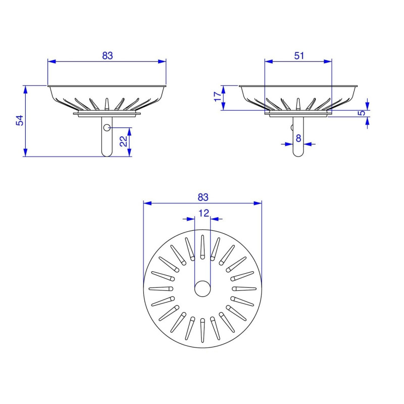 Bonde a panier 3,5" tige 2008, 20 encoches pour evier Blanco