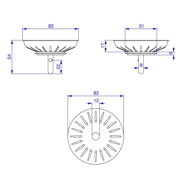 Bonde a panier 3,5" tige 2008, 20 encoches pour evier Blanco