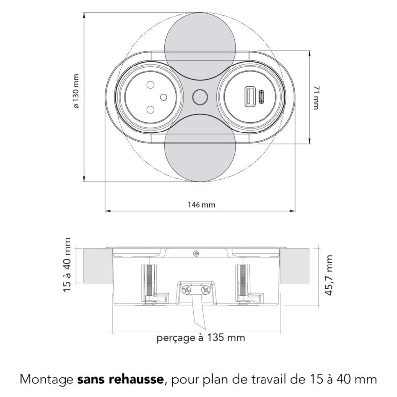 Bloc prise inox brossé à encastrer avec Usb A -Usb C