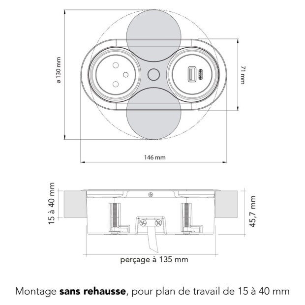Bloc prise inox brossé à encastrer avec Usb A -Usb C