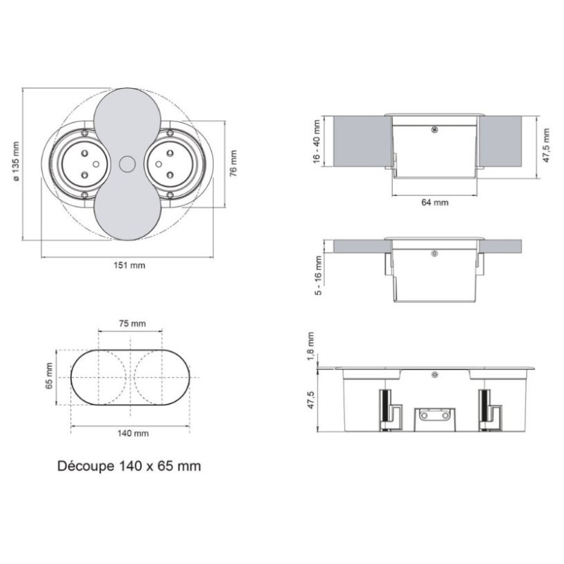 Bloc de 2 prises a encastrer Inox (fixation par le dessus)