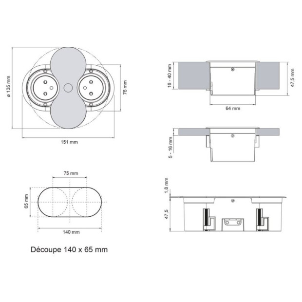 Bloc de 2 prises a encastrer Inox (fixation par le dessus)