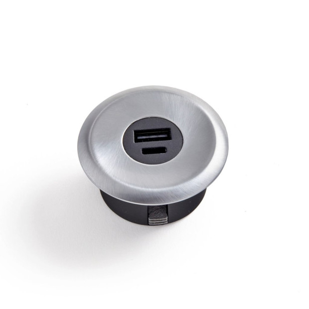 Bloc prise a encastrer USB-A et USB-C Finition Inox Brossé