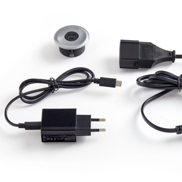Bloc prise a encastrer USB-A et USB-C Finition Inox Brossé