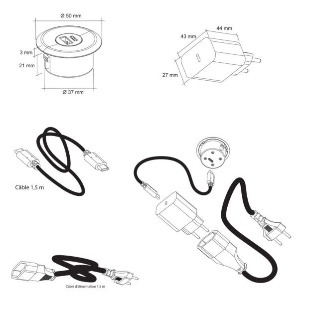 Bloc prise a encastrer USB-A et USB-C Finition Inox Brossé
