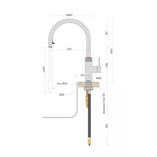 Mitigeur eau bouillante Douchette Flex Cuivre rosé avec PRO3