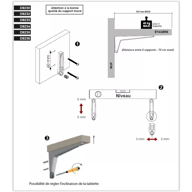 Support tablette blanc mat l.30 x P.240 x H.100mm