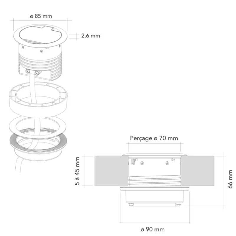 Prise 16A finition OR mat USB-A a encastrer plan de travail