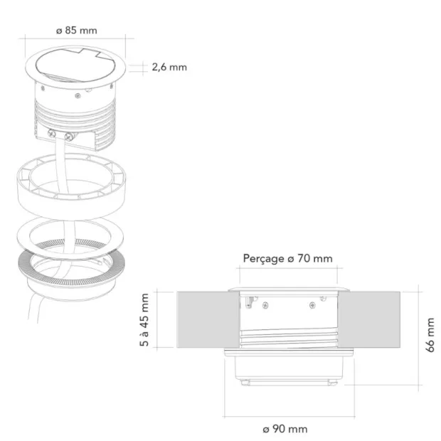 Prise 16A finition OR mat USB-A a encastrer plan de travail