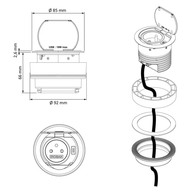 Bloc prise avec USB-C affleurant ring à clapet