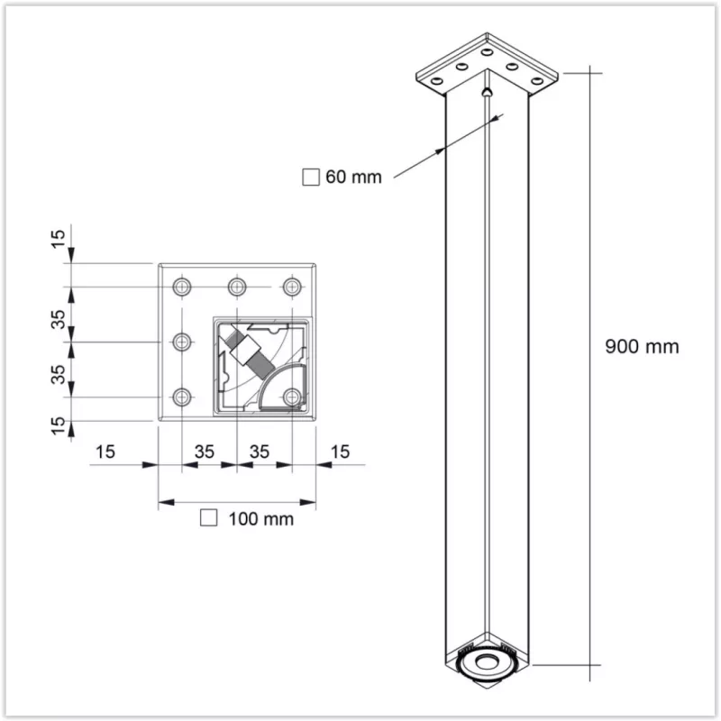 Pied carré 60x60mm finition Inox brossé Hauteur 900mm