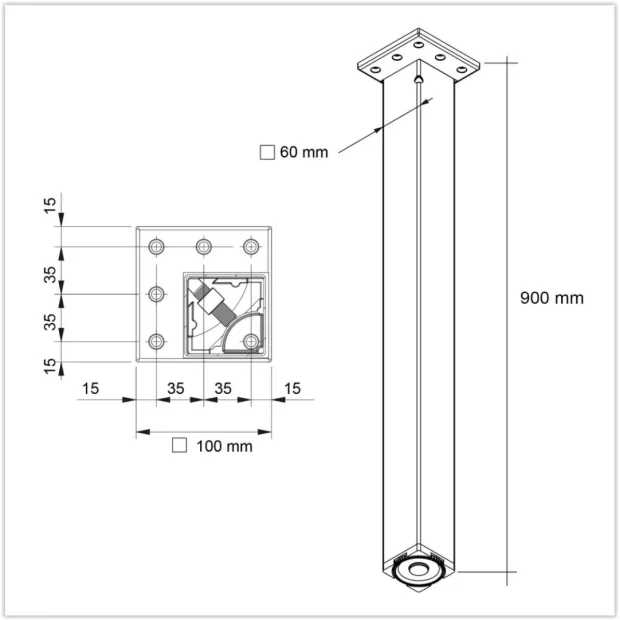 Pied carré 60x60mm finition Inox brossé Hauteur 900mm