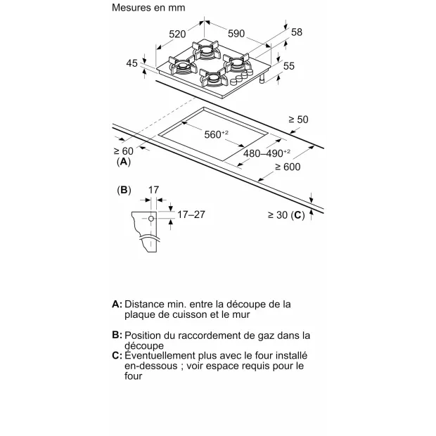 Table de cuisson 4 feux gaz verre noir Bosch