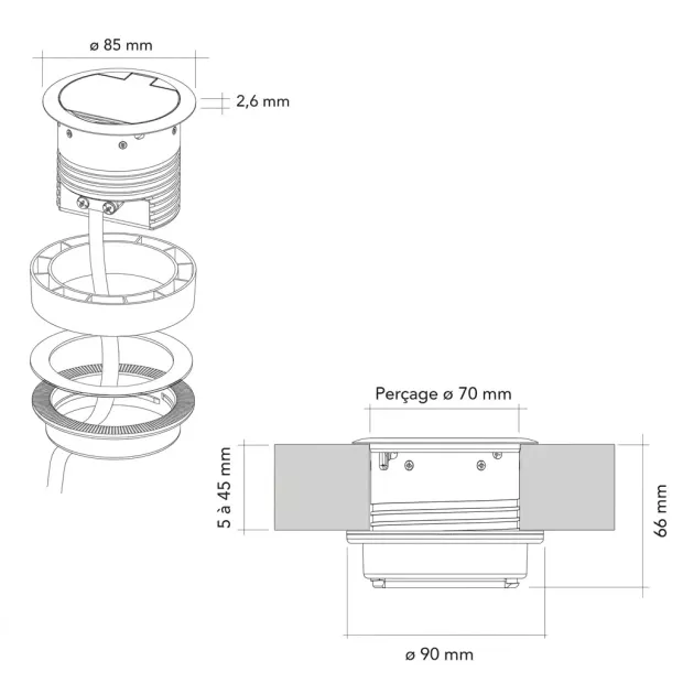 Prise cuivre 16A. USB-A 1A-5V à encastrer plan travail