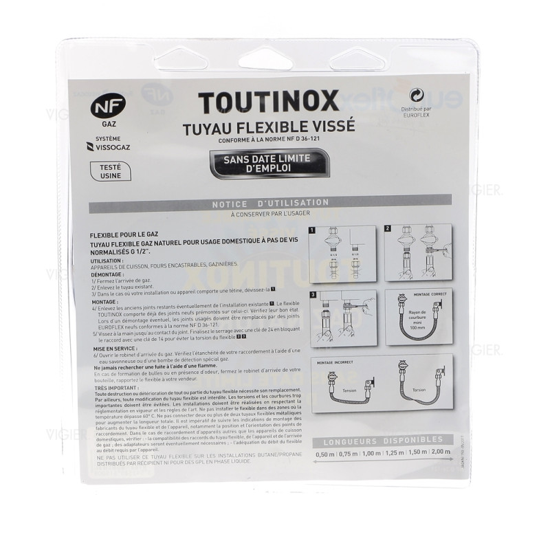 Tuyau gaz naturel 1.5m durée de vie illimité Euroflex