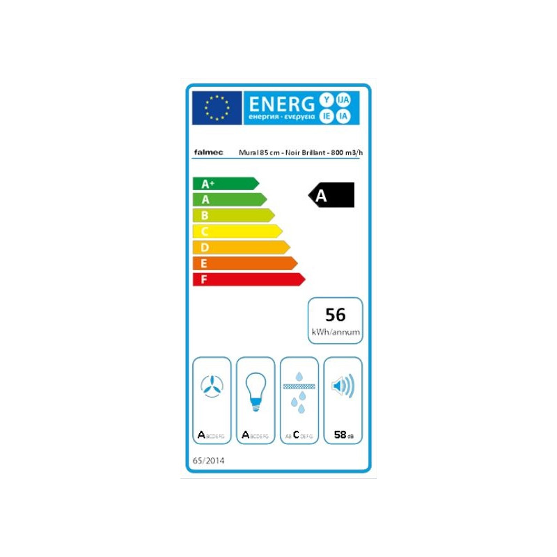 Energy label Hotte murale inclinée verre noir satiné 85cm Fa