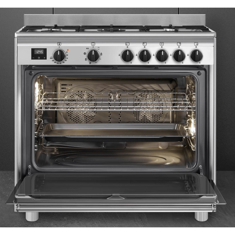 Cuisinière 5 gaz four émail lisse inox Smeg BG91X2